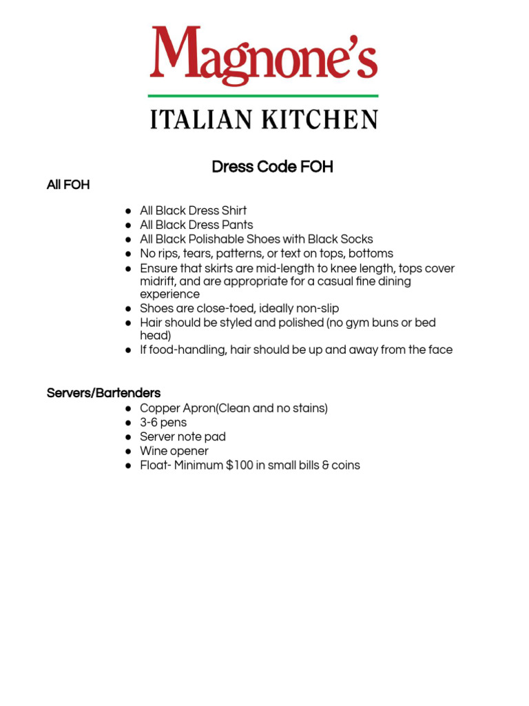 FOH Dress Code Guidelines for Servers | PDF