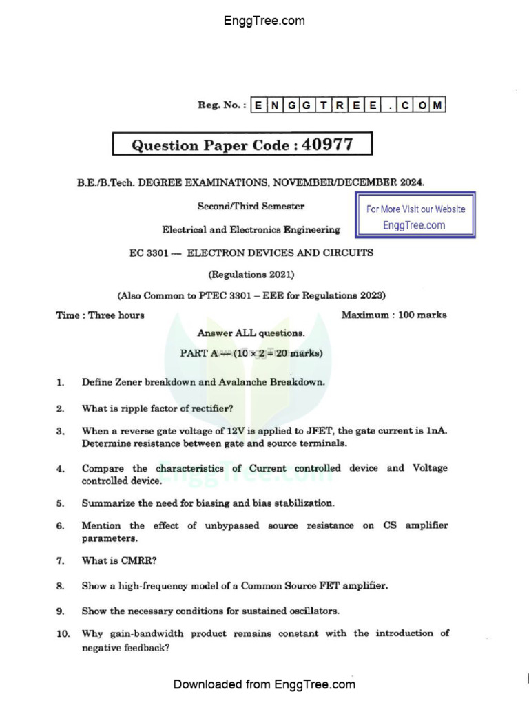 EC3301 Electron Devices and Circuits Nov Dec 2024 Question Paper ...