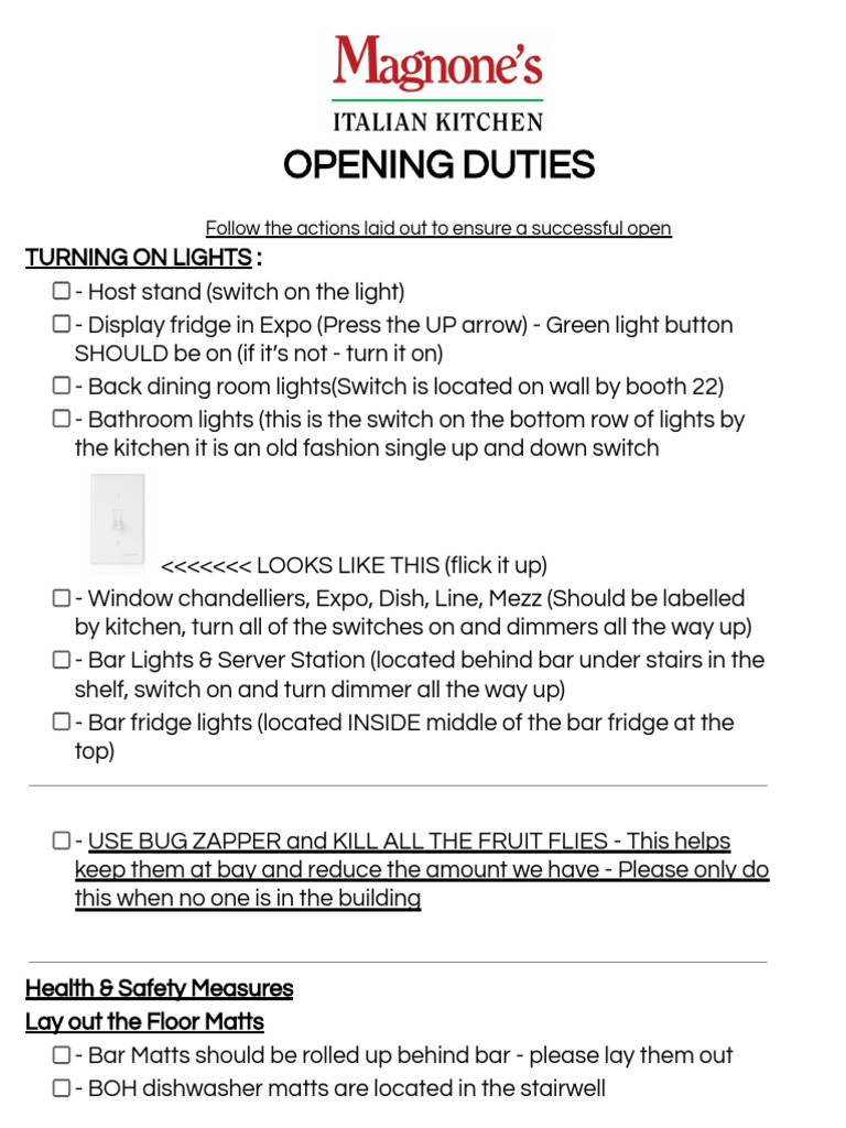 Restaurant Opening and Closing Checklist | PDF | Home | Room