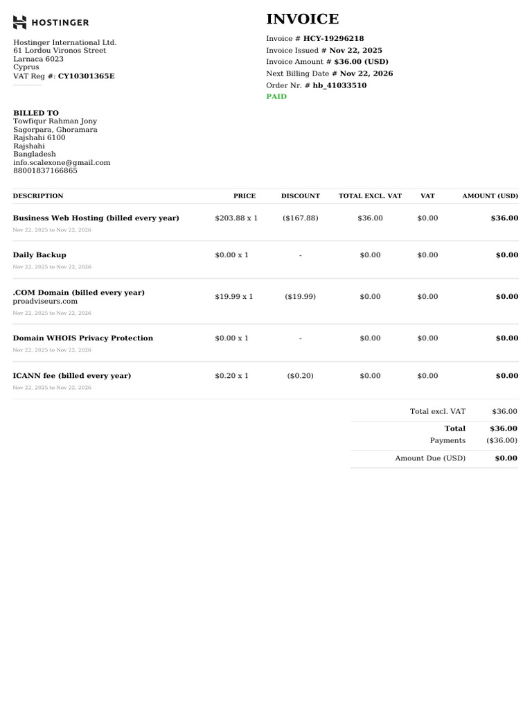 Hostinger Invoice HCY-19296218 Details | PDF