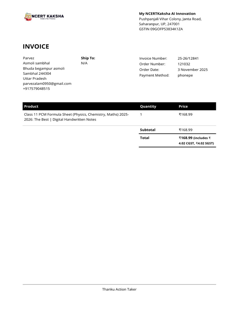Invoice for Class 11 PCM Notes 2025-26 | PDF