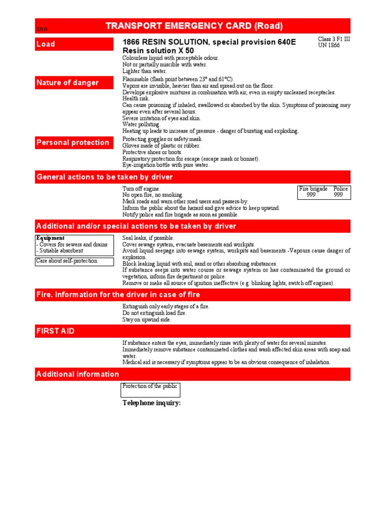 Transport Emergency Card (Road) 1866 RESIN SOLUTION, special provision