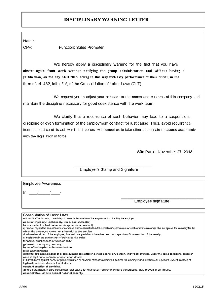 Warning Letter Template | PDF | Employment | Labour Law