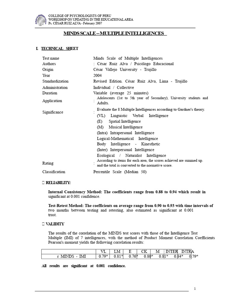 Minds Scale: Assessing Multiple Intelligences | PDF | Intelligence ...