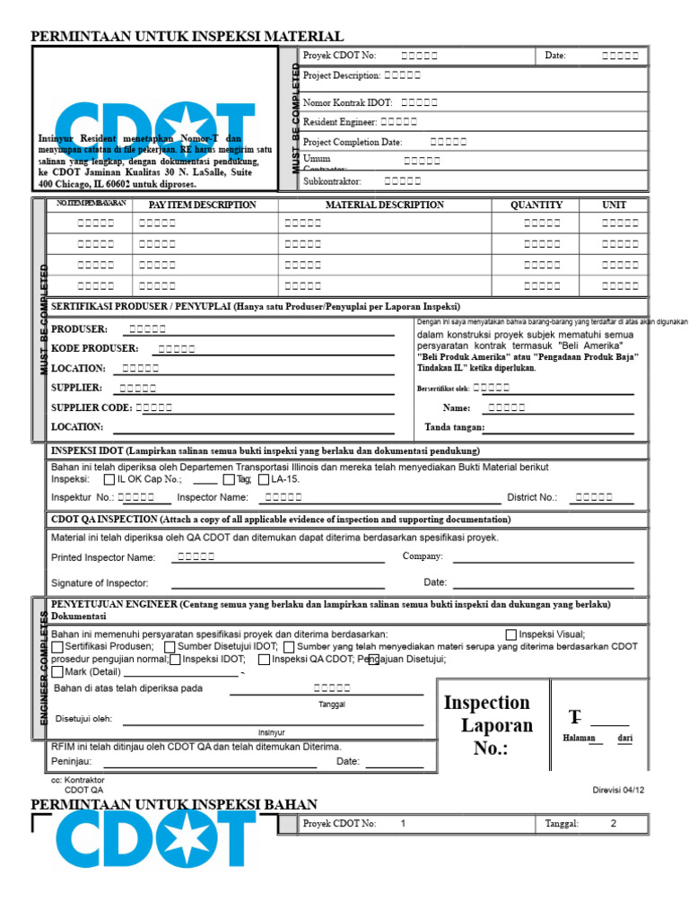 Permintaan Inspeksi Material Proyek CDOT | PDF