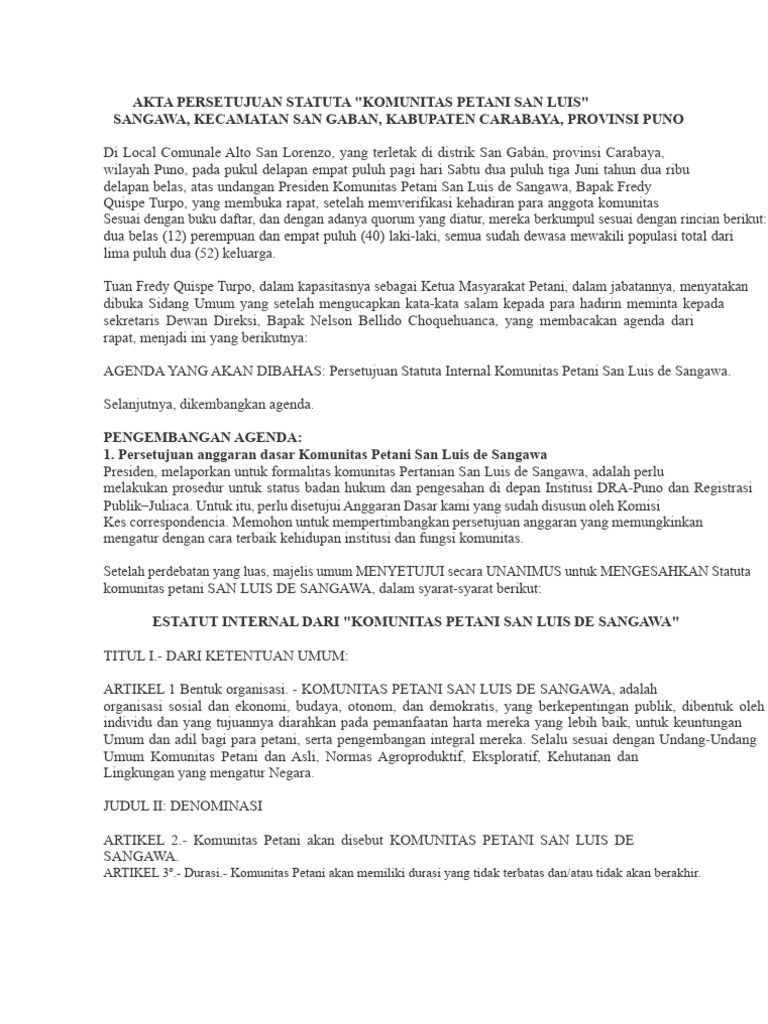 Persetujuan Statuta Komunitas Petani San Luis | PDF