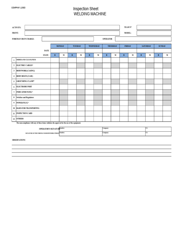 Welding Machine Inspection Sheet | PDF
