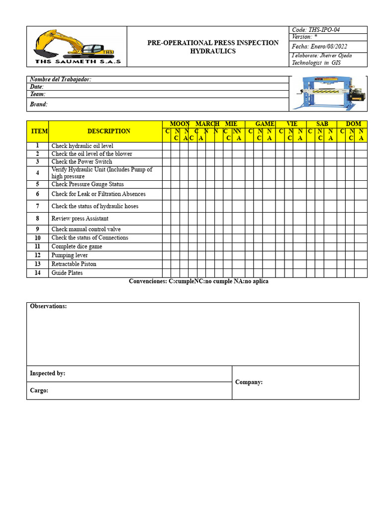 Pre-Operational Hydraulic Press Inspection | PDF