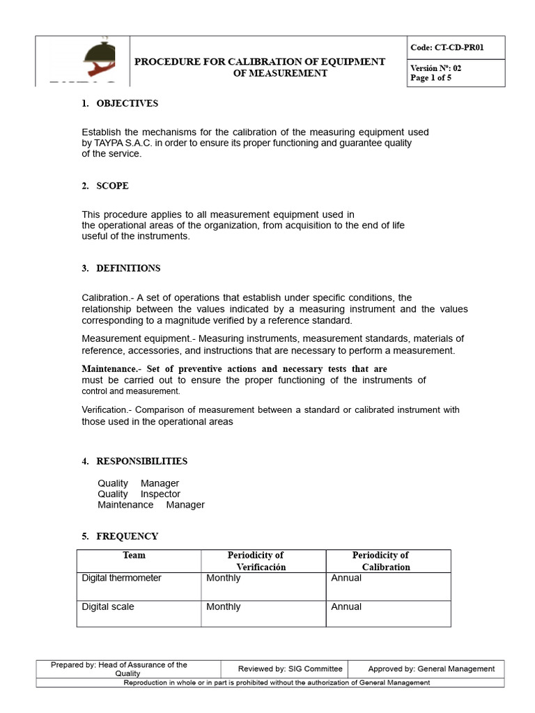Calibration Procedure for Measurement Equipment | PDF | Calibration ...