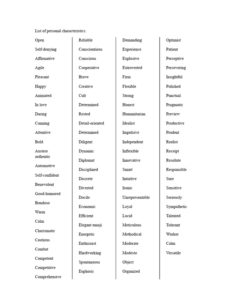 Workshop - Personal Characteristics List | PDF | Happiness