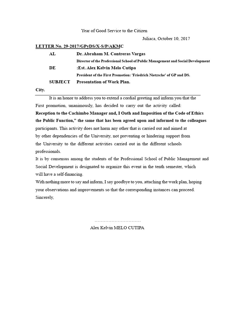 Letter - Presentation of The Work Plan | PDF