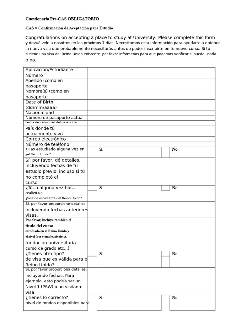 Cuestionario Pre-CAS para Estudiantes | PDF
