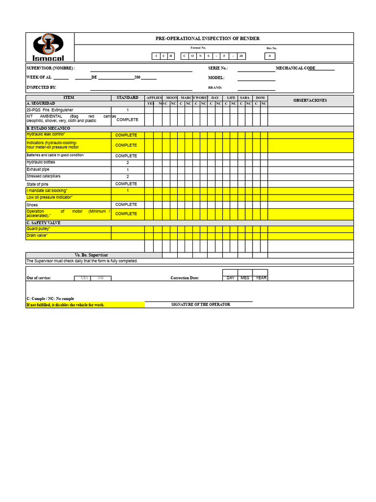 Pre-Operational Inspection Checklist for Bender | PDF | Mechanical ...