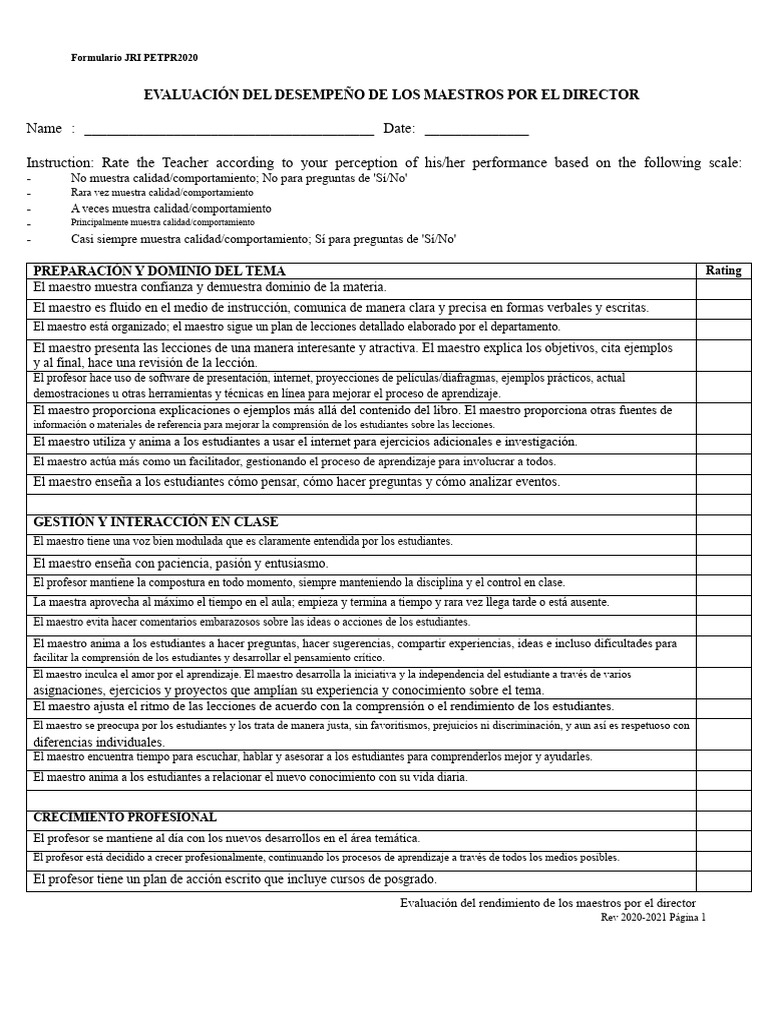 Formularios de Evaluación de Desempeño 2020 2021 | PDF | Maestros ...