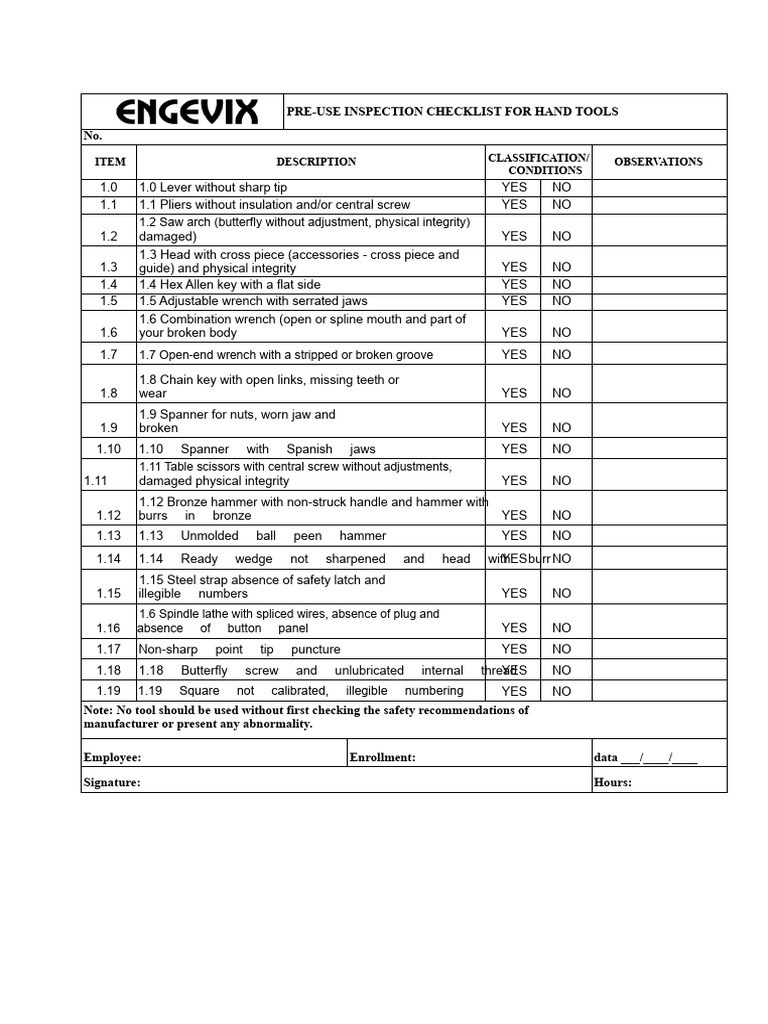Pre-Use Inspection Checklist For Hand Tools | PDF | Screw | Tools