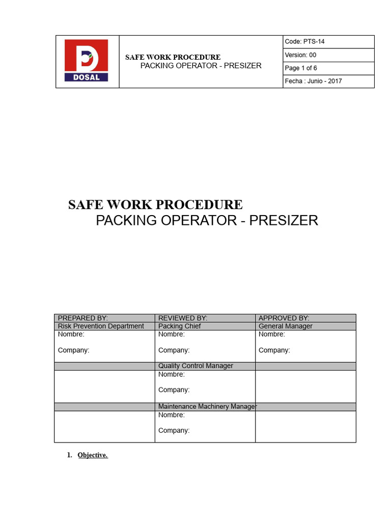 Safe Work Procedure for Packing Operator | PDF | Personal Protective ...