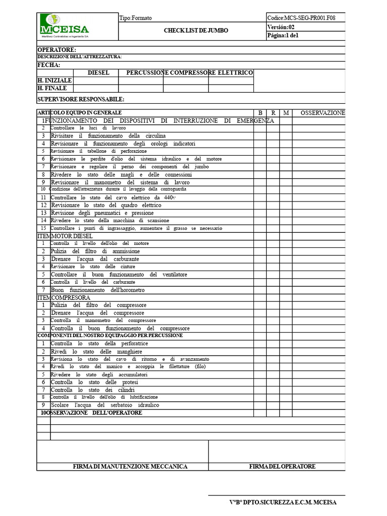 Checklist Jumbo Perforatrice Idraulica | PDF
