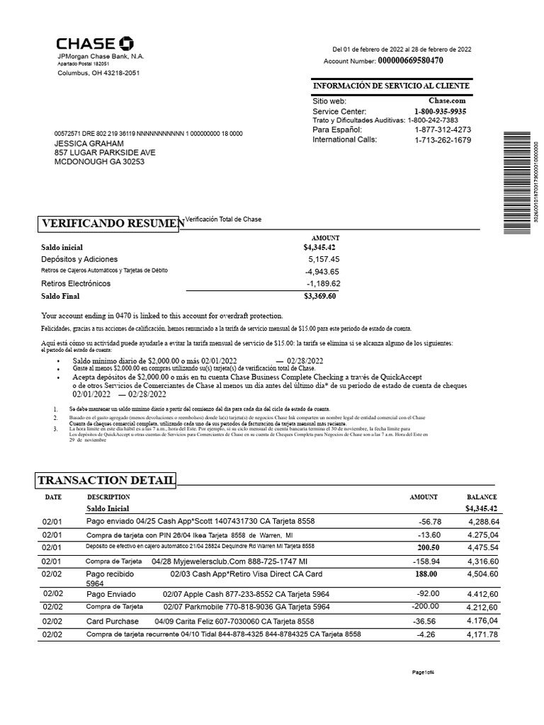 Estado de Cuenta Electrónico de Chase Febrero | PDF | Dinero ...