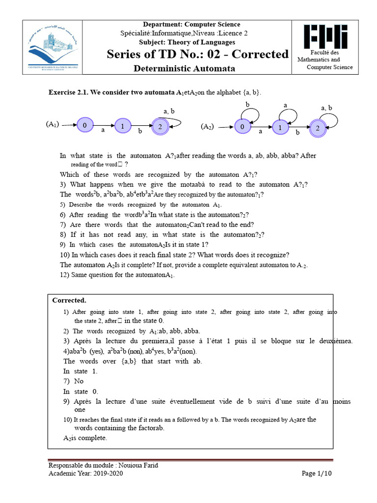 Deterministic Automata Exercises and Solutions | PDF | Automata Theory ...