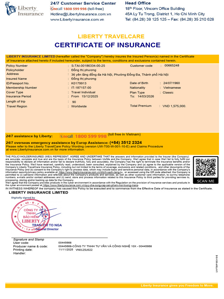 Liberty TravelCare Insurance Certificate | PDF | Insurance