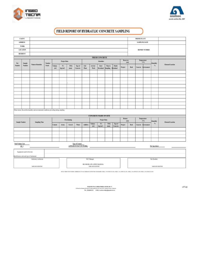 I-Ft-02 Field Report of Hydraulic Concrete Sampling | PDF | Concrete ...