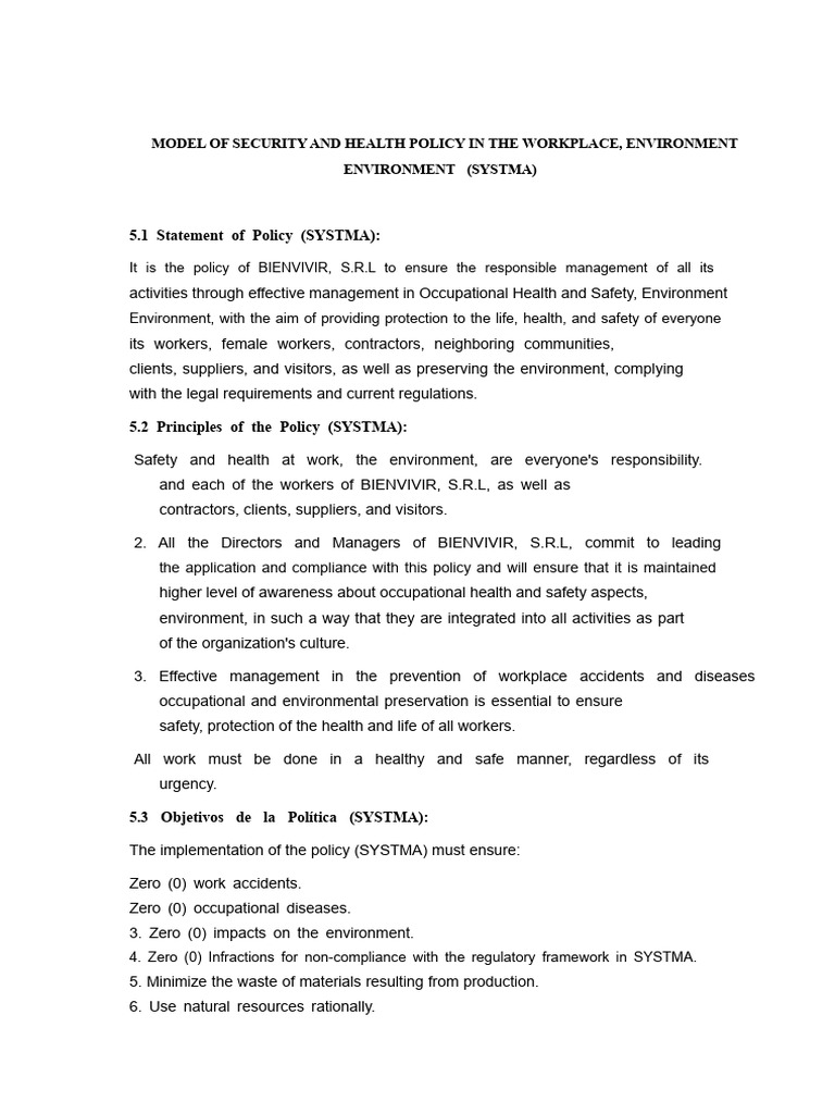 Model of Occupational Health and Safety Policy | PDF | Occupational ...