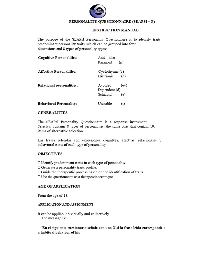 SEAPsI Personality Questionnaire | PDF | Emotions | Anger