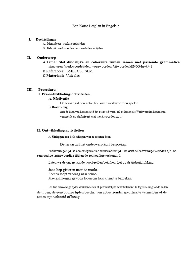 Een Korte Lesplan in Engels 6 | PDF
