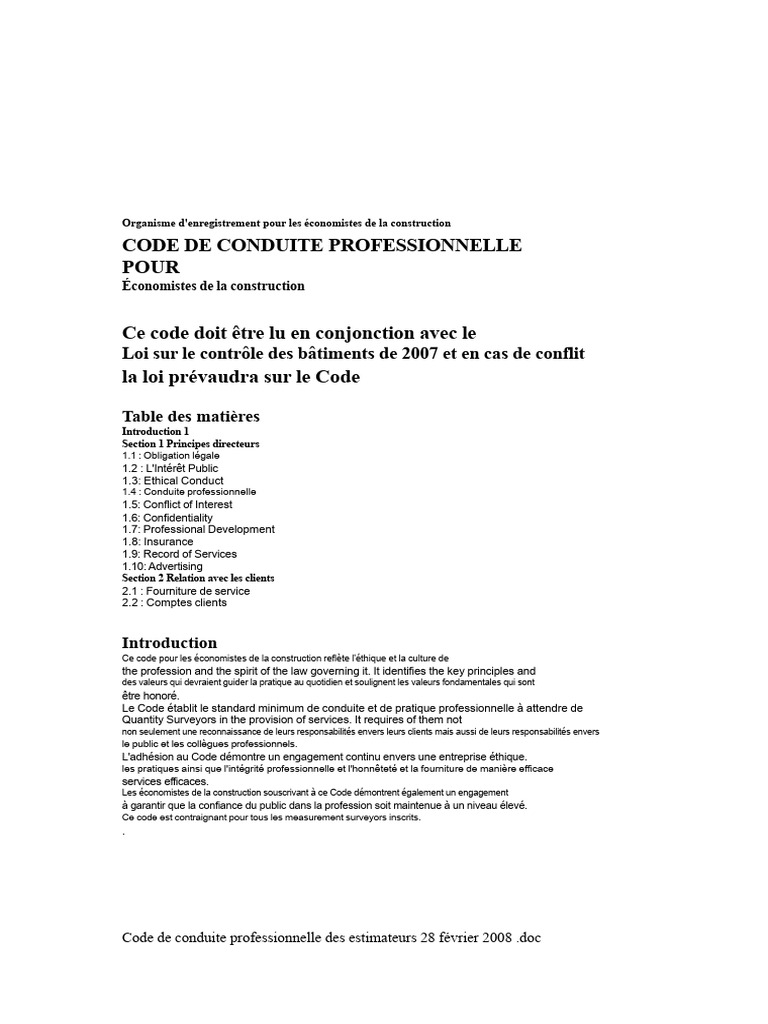 Code de conduite des économistes de la construction | PDF | Conflit d ...