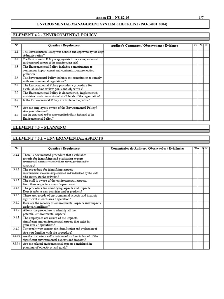 ISO 14001:2004 Environmental Checklist | PDF | Business