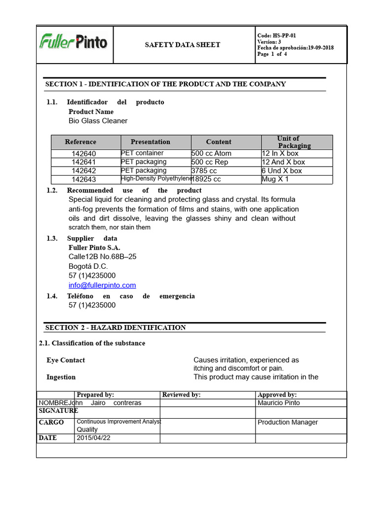 Bio Glass Cleaner Safety Data Sheet | PDF | Dangerous Goods | Materials