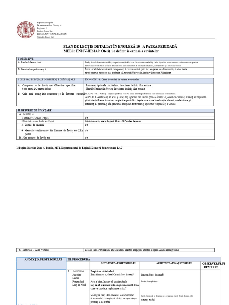 Plan de Lecție Exemplu Cu Anotări Pentru Indicatorii COT | PDF