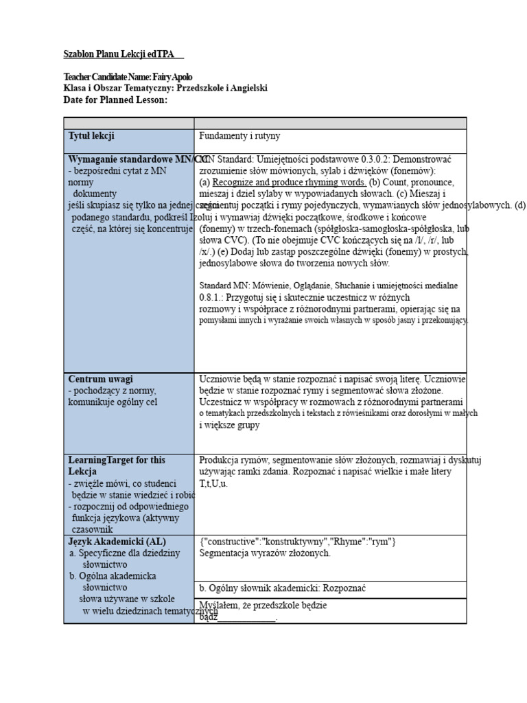 Plan Lekcji edTPA Jeden | PDF