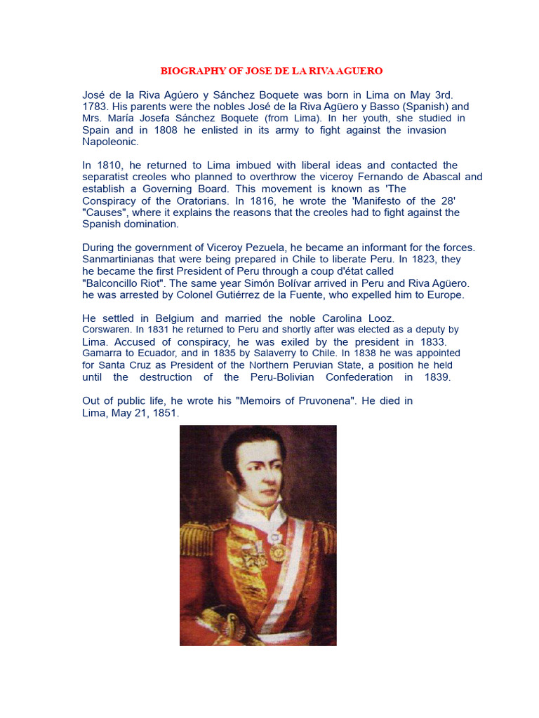 Biography of Jose de La Riva Aguero | PDF | Peru | Andean Community