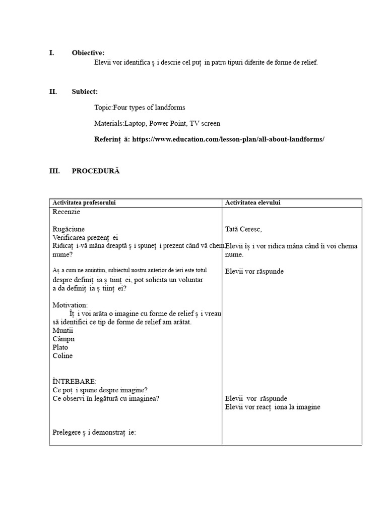 Plan de Lecție Despre Formele de Relief | PDF