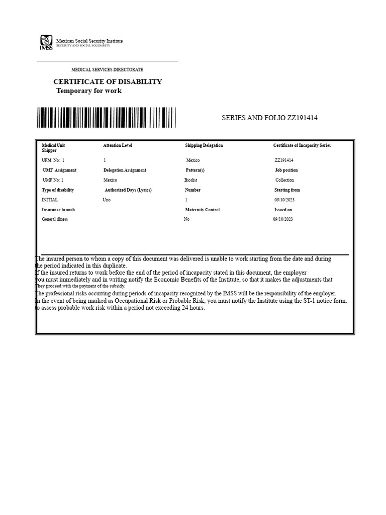 Certificate of Disability for Work in Mexico | PDF | Economies | Social ...