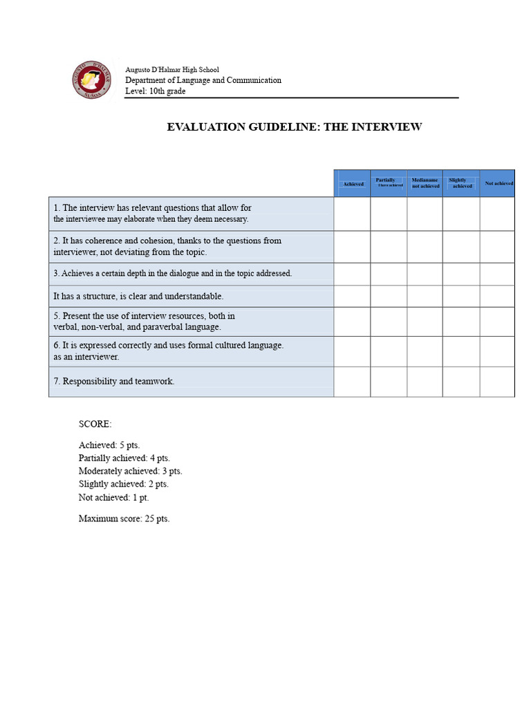 10th Grade Interview Evaluation Guide | PDF