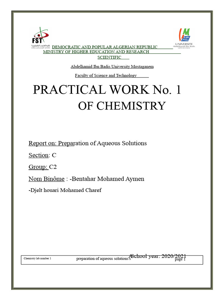 Practical Work No. 1: of Chemistry | PDF | Concentration | Scientific ...