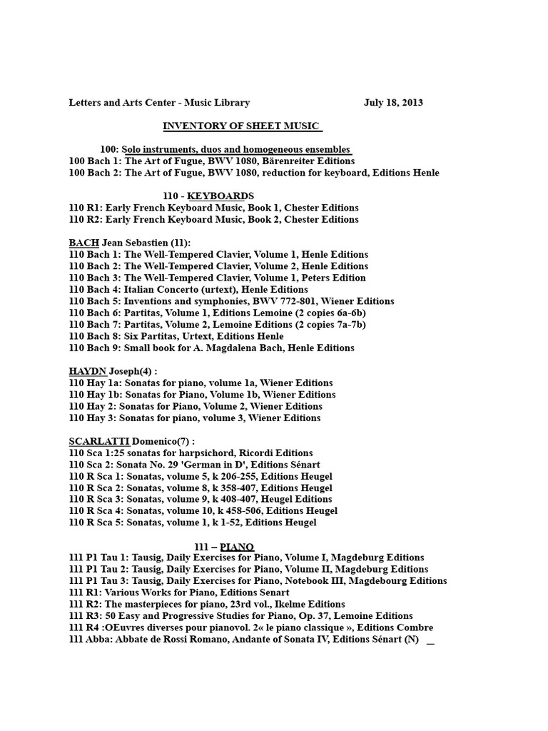 Music Library Sheet Music Inventory | PDF | Chamber Music | Johann ...
