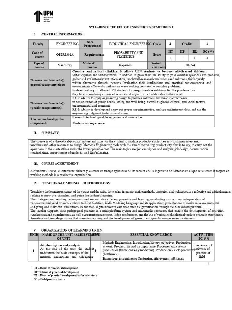 Syllabus Engineering of Methods 1 | PDF | Engineering | Critical Thinking