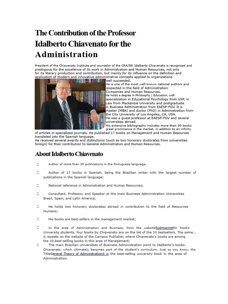 The Contribution of Professor Idalberto Chiavenato To Administration ...
