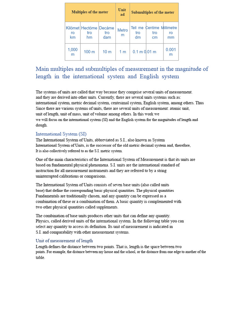 Main Multiples and Submultiples of Measurement in The Magnitude of ...