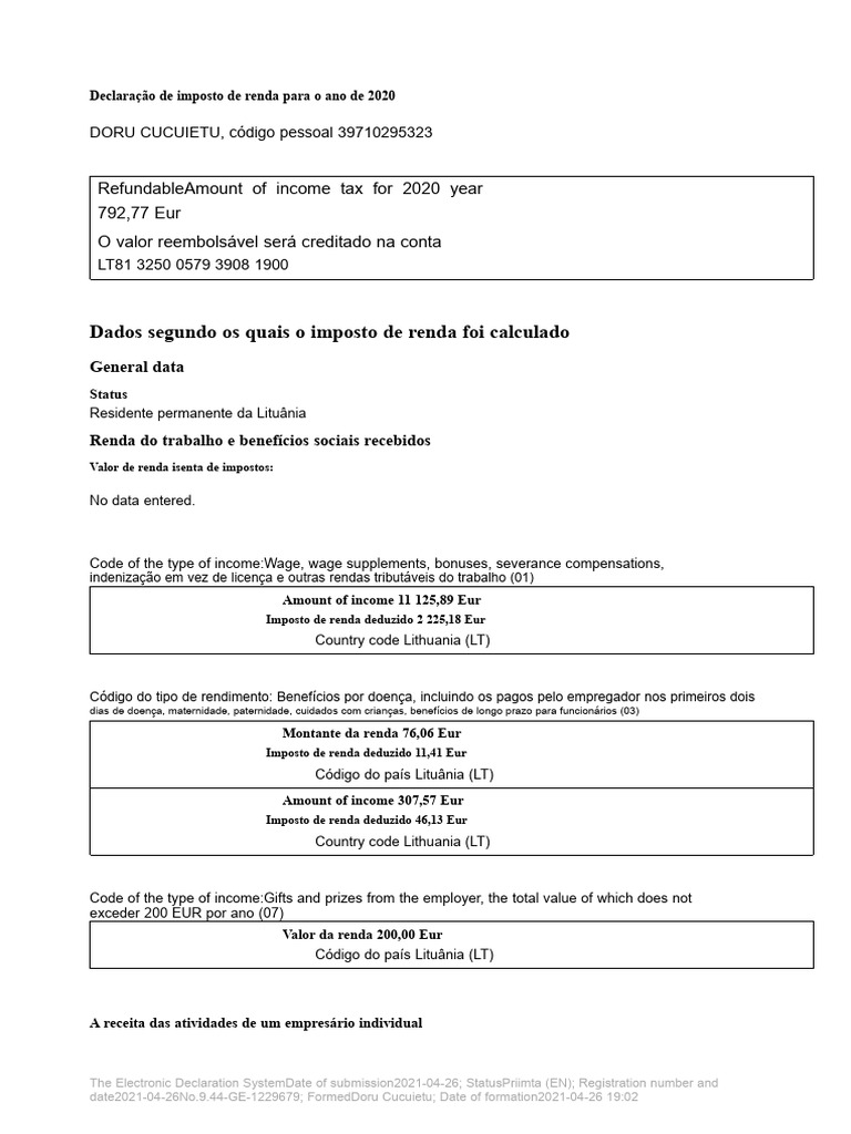 Declaração de Imposto de Renda 2020 LT | PDF | Impostos | Imposto de Renda