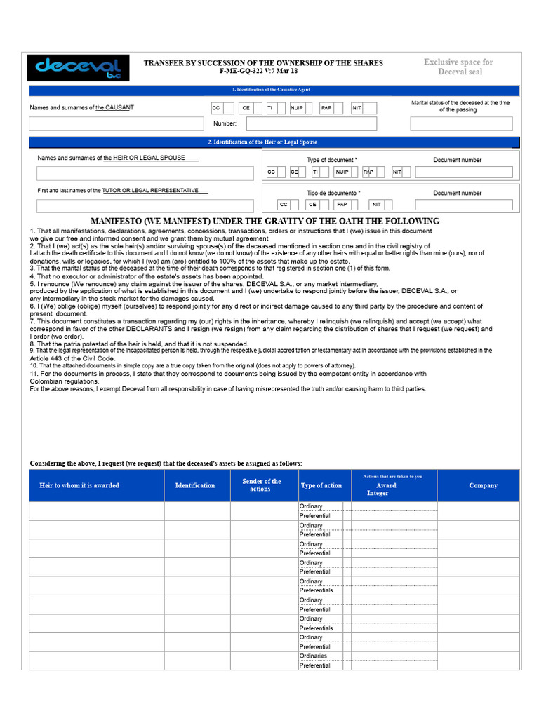 F ME GQ 322 TRANSFER FORMAT FOR SUCCESSION OF SHARES DOMAINv7 | PDF ...