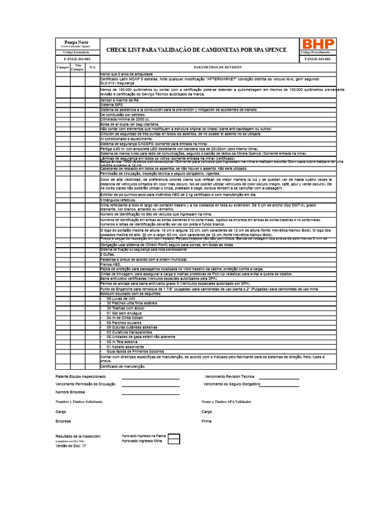 Checklist de Validação de Veículos Spence | PDF | Pneu | Cor