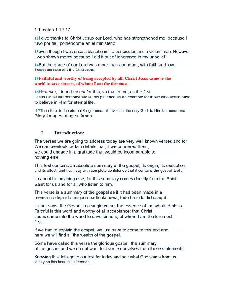 Summary of the Gospel in 1 Timothy 1:12-17 | PDF | Jesus | Grace In ...
