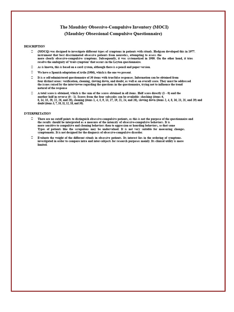 Maudsley Obsessive-Compulsive Inventory Overview | PDF | Obsessive ...