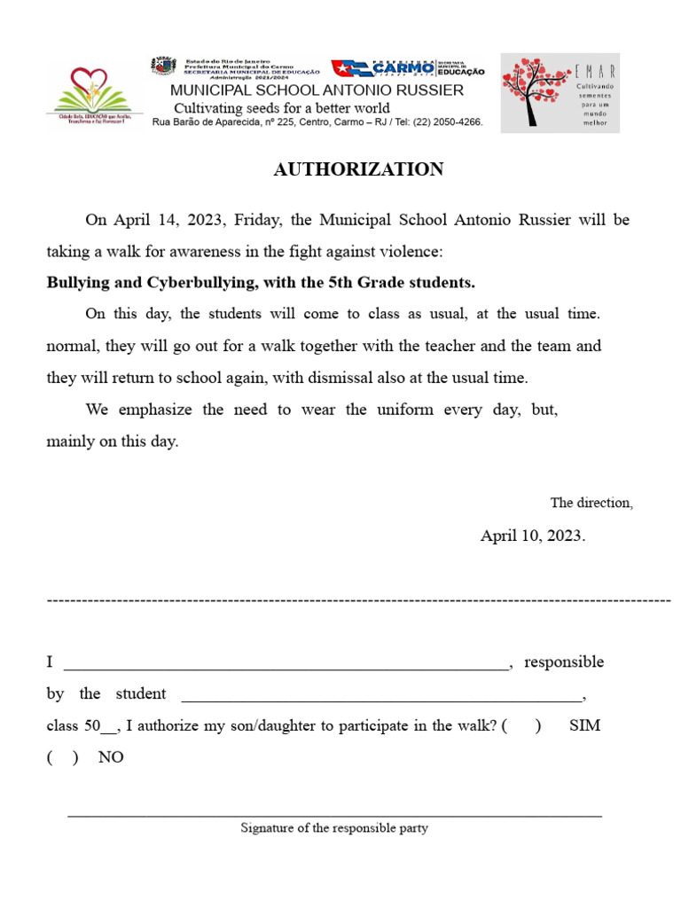 Antonio Russier School Event Authorizations | PDF | Clothing | Fashion