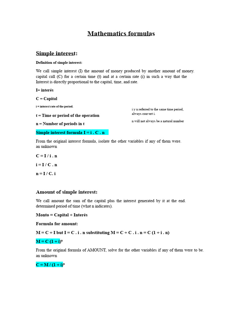 Essential Mathematics Formulas Guide | PDF | Interest | Compound Interest