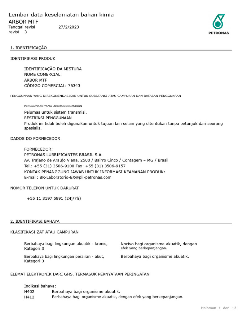 Lembar Data Keselamatan ARBOR MTF | PDF